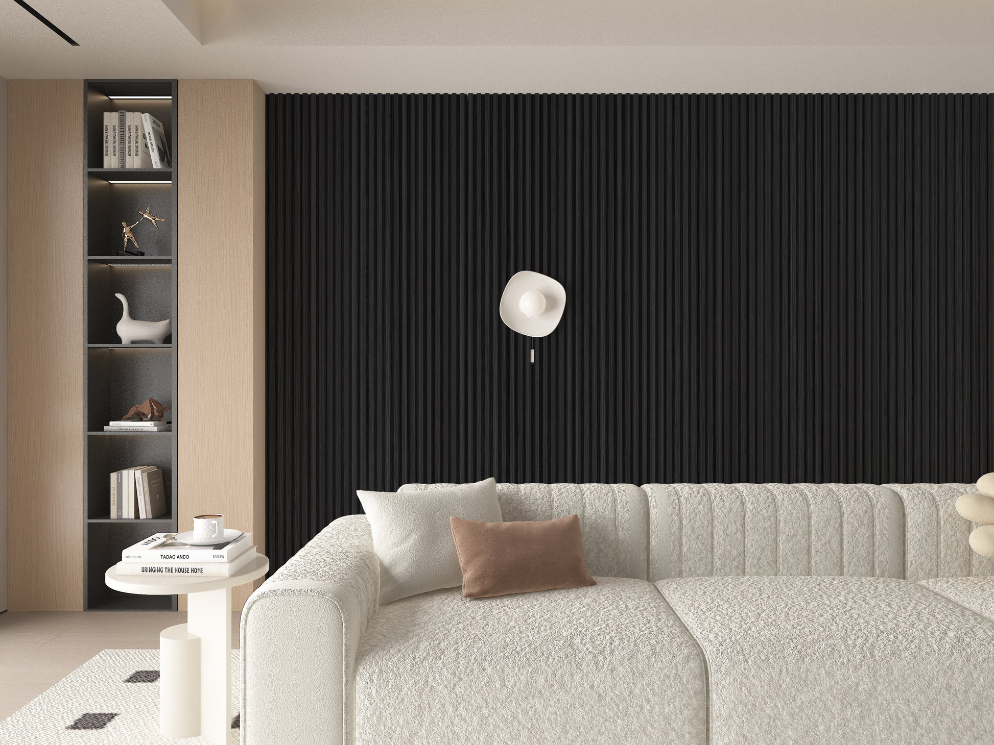 Ashen Oak WPC Fluted 3D Wall Panels. Wall Decor Center. Living Room Design With WPC Fluted Wall Panels