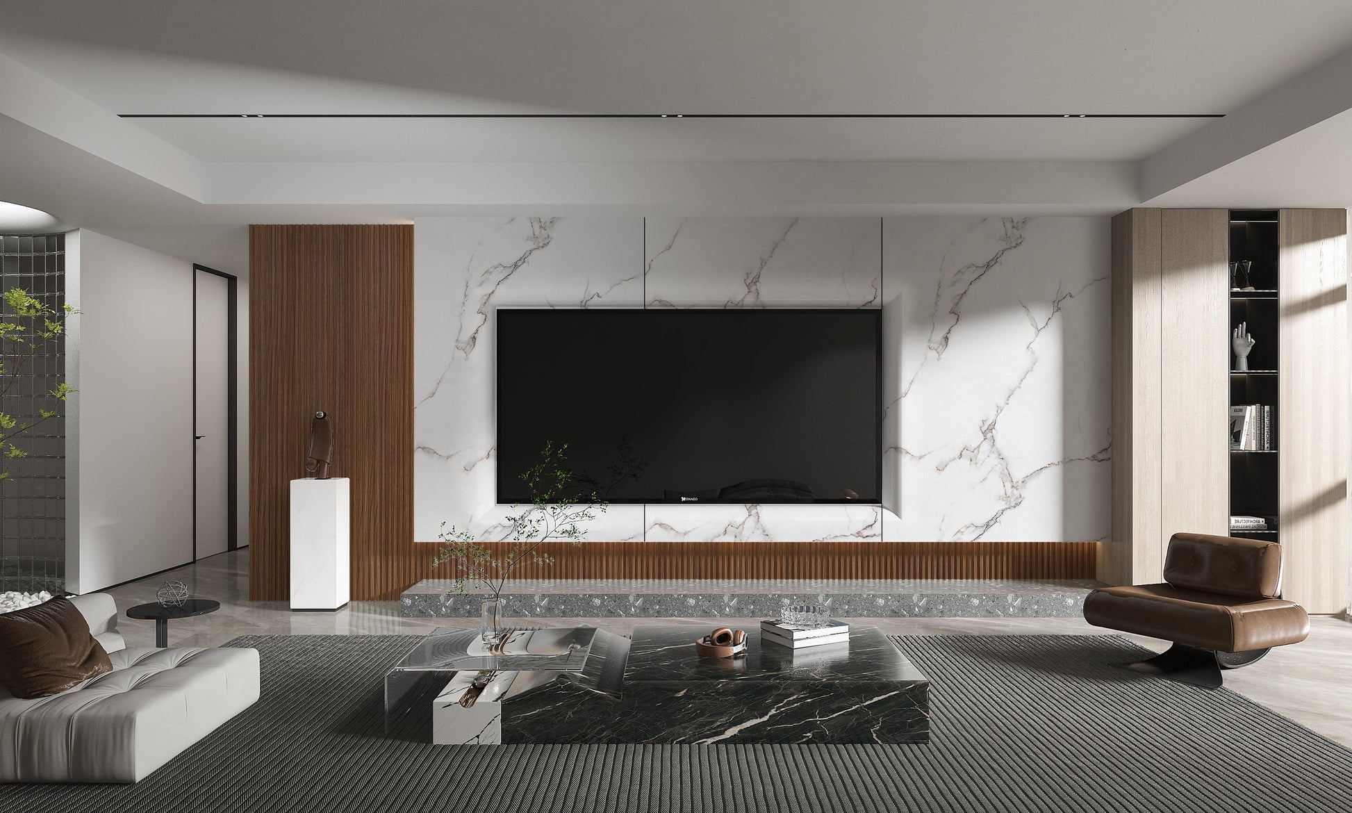 PVC 3D Marble Sheet Calacatta White. Wall Decor Center. Living Room With PVC Marble Sheets Design