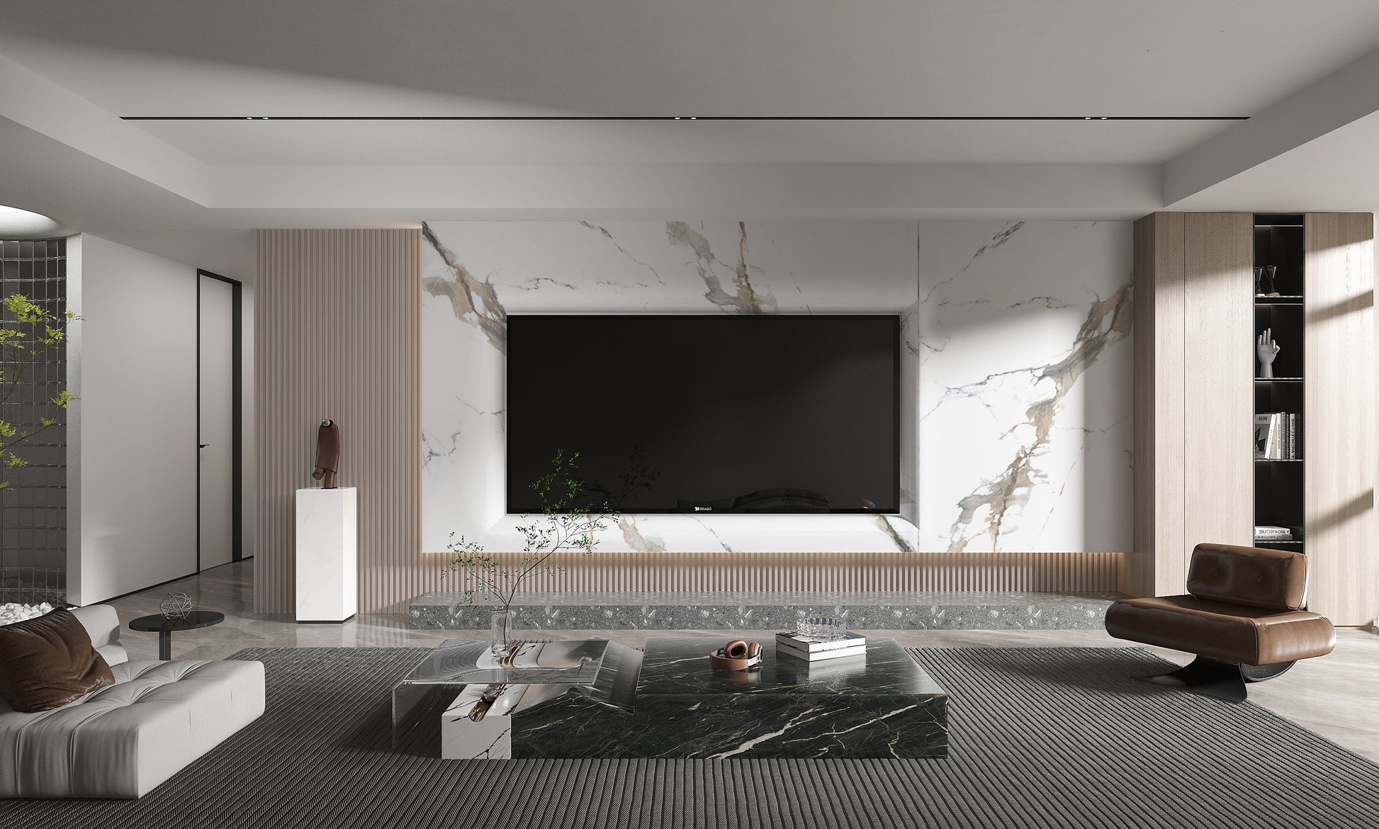 PVC 3D Marble Sheet Blue-Brown Veined. Wall Decor Center. Living Room With PVC Marble Sheets Design