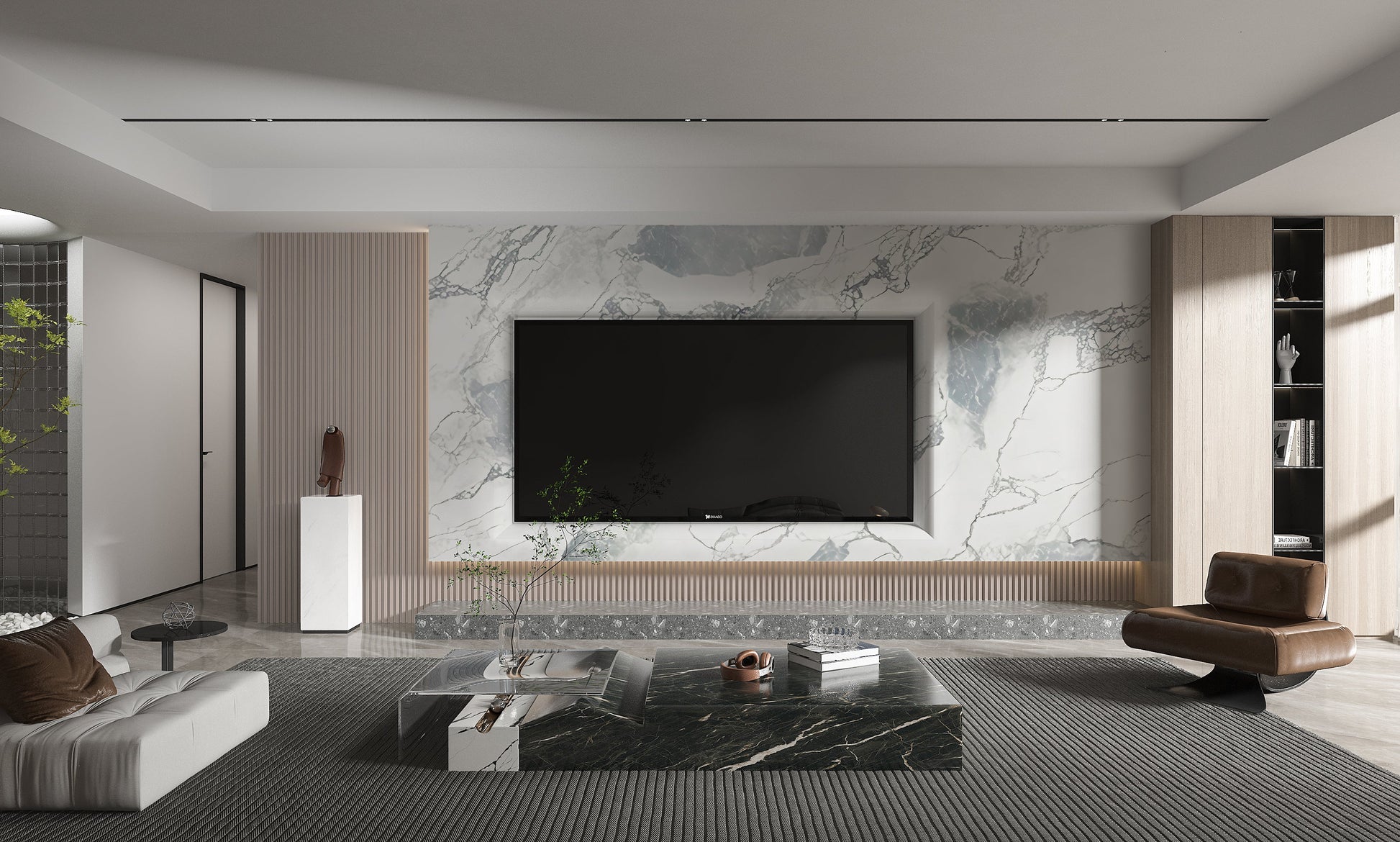 PVC 3D Marble Sheet Blue Mist. Wall Decor Center. Living Room With PVC Marble Sheets Design