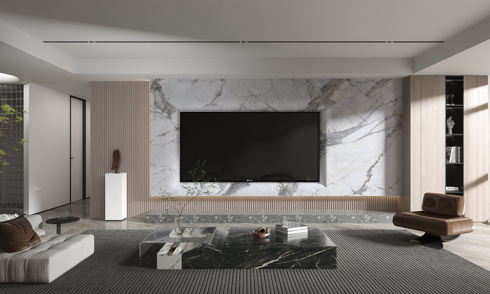 PVC 3D Marble Sheet Deep Veins. Wall Decor Center. Living Room With PVC Marble Sheets Design