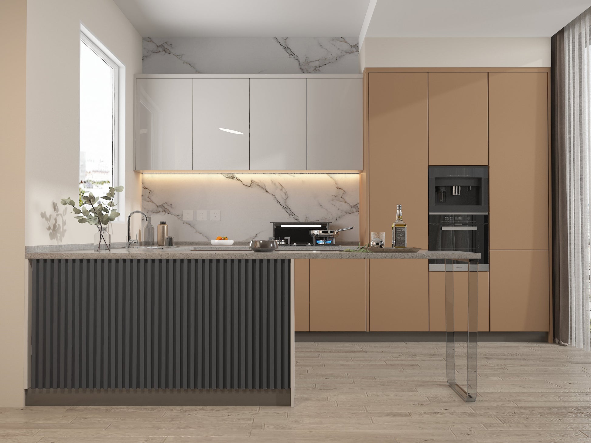 Silver Gray Metallic WPC Fluted 3D Wall Panels. Wall Decor Center. Kitchen Design From WPC Fluted Wall Panels