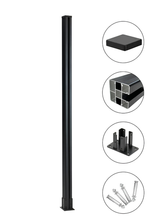 Black 6 ft above-ground fence post with cap, mounting base, and hardware details