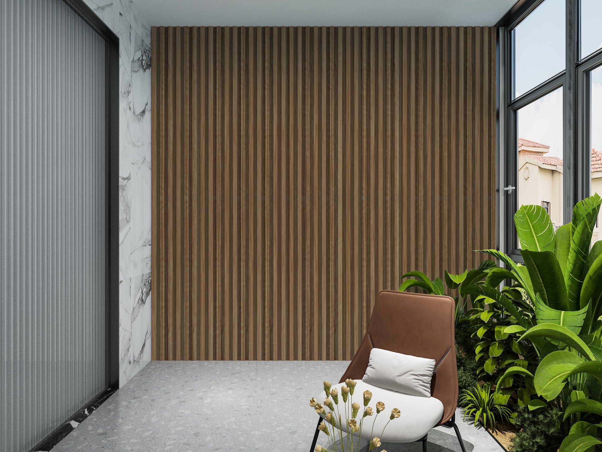 Rustic Maple WPC Fluted 3D Wall Panels. Wall Decor Center. Balcony Design With WPC Fluted Wall Panels