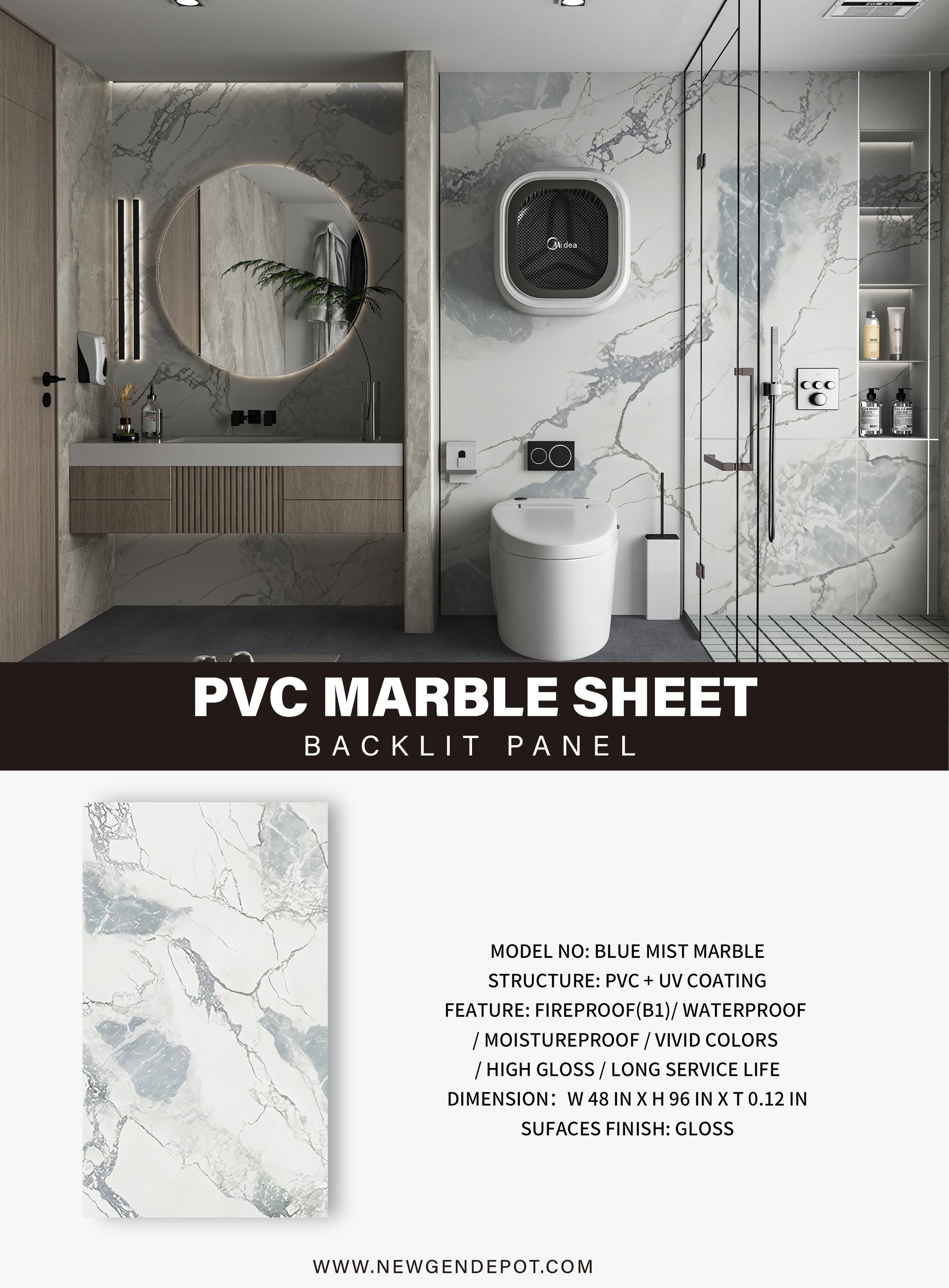 PVC 3D Marble Sheet Blue Mist Specifications. Wall Decor Center