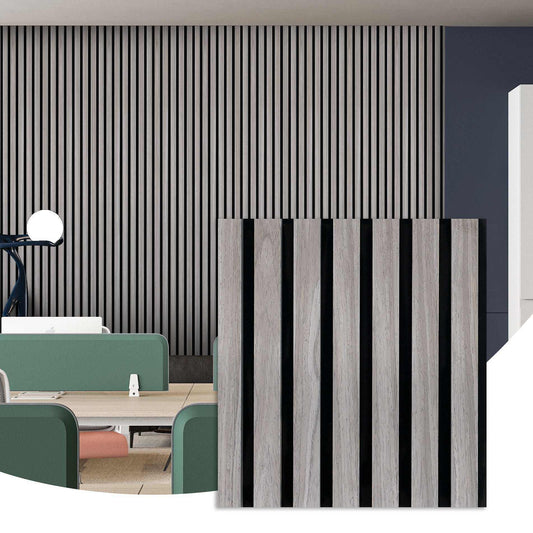 Modern gray & black 94ƒ?� x 24ƒ?� acoustic wood slat wall panel for soundproofing, ideal for NJ offices with sleek vertical