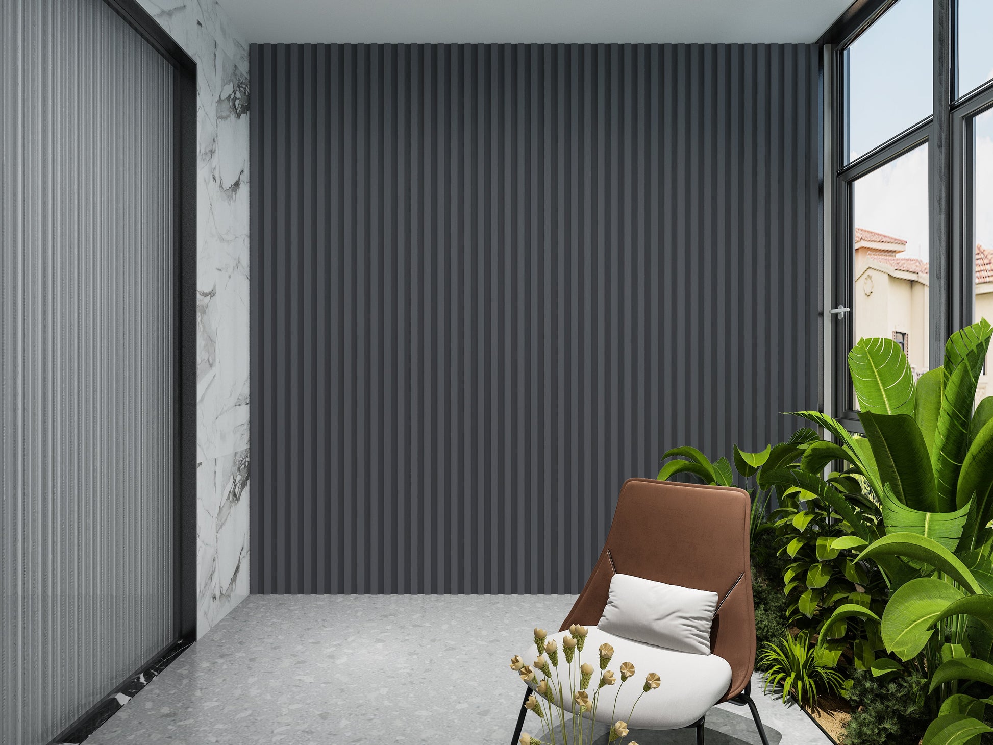 Silver Gray Metallic WPC Fluted 3D Wall Panels. Wall Decor Center. Balcony Design With WPC Fluted Wall Panels
