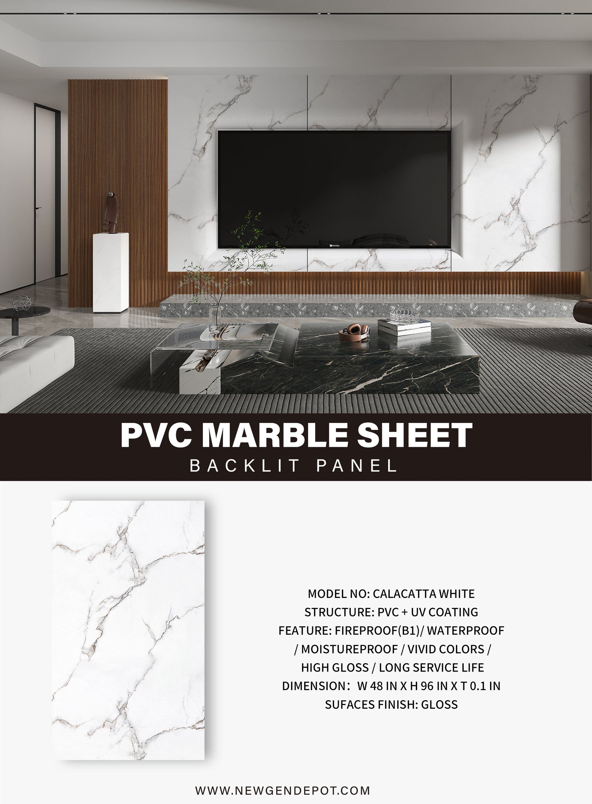 PVC 3D Marble Sheet Calacatta White Specifications. Wall Decor Center