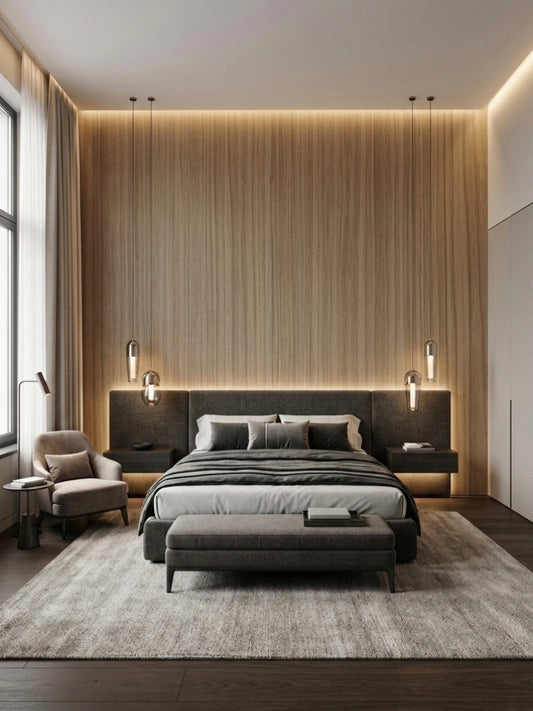 Ash wood veneer wall panels with vertical grain installed as a warm backlit bedroom accent wall