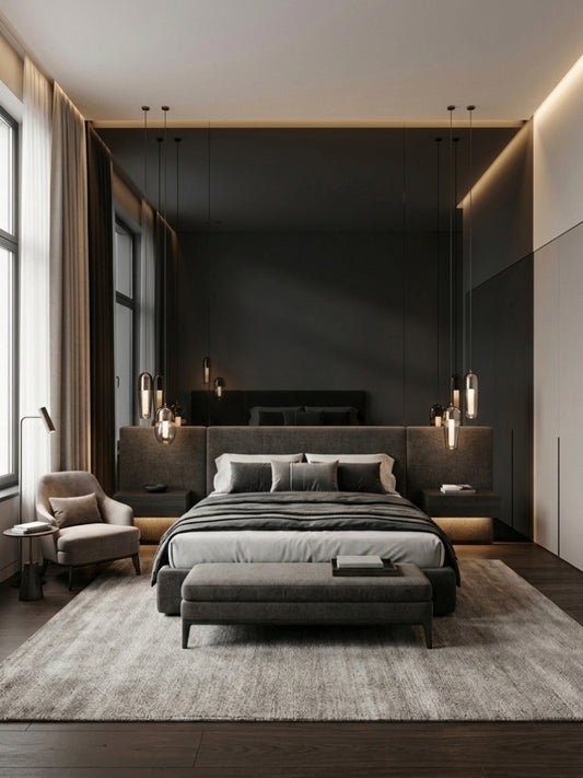 Black Mirror Wood Veneer Panels forming a dark floor-to-ceiling feature wall behind a modern upholstered bed