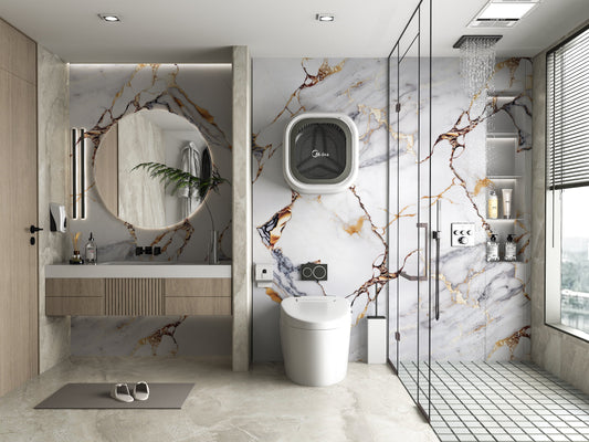 PVC 3D Marble Sheet Covelano Luxe Gold. Wall And Decor Hub.
Bathroom Design From PVC Marble Sheets
Covelano Luxe Gold Marble Panel
UV Protected PVC Wall Panel
Fireproof Waterproof Wall Panel
4x8 ft Marble PVC Panel
Luxury Gold Vein Marble Wall Panel