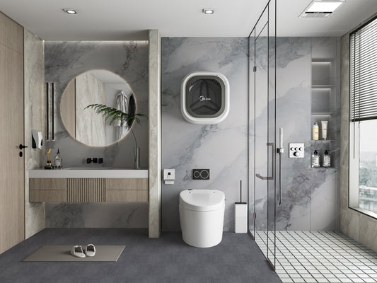 3D Frosted Sky Marble UV Protected PVC Wall Panel - Modern bathroom interior featuring gray marble-look wall panels