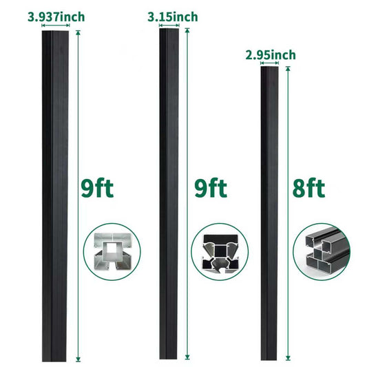 Black composite fence posts in multiple sizes including 9 ft and 8 ft options with 3.937 inch, 3.15 inch, and 2.95 inch profiles