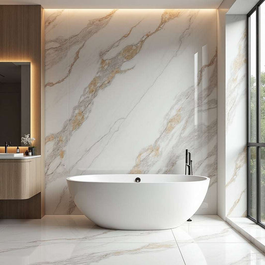 Gray Beige Veined PVC Marble Wall Panel (4x8 ft) Waterproof & Fire-Resistant | UV Protected (Covers 32 sq. ft)