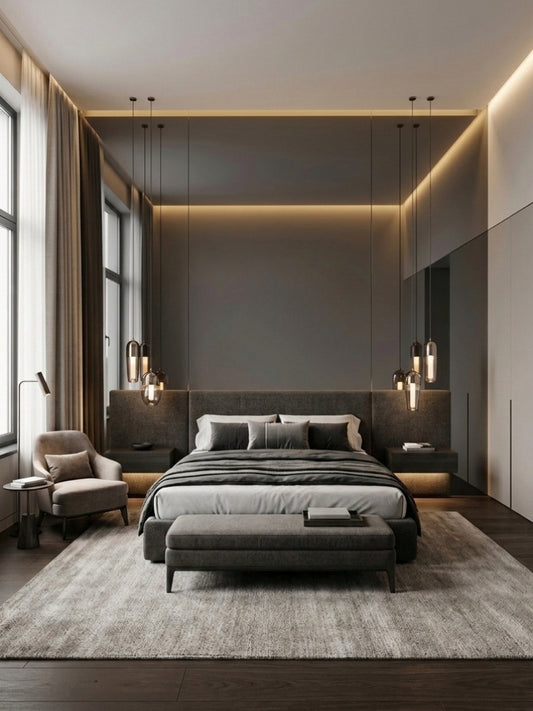 Gray mirror wood veneer panels installed as a reflective feature wall behind a bed in a modern bedroom.