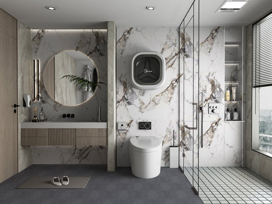 Gray and Beige Veined White Sheets Continuous Pattern Bathroom Design