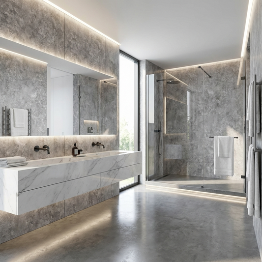 Grey stone look PVC wall panels in modern bathroom