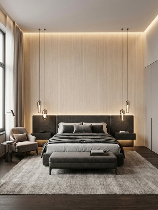Nordic birch wood veneer panels with light vertical grain covering a modern bedroom feature wall