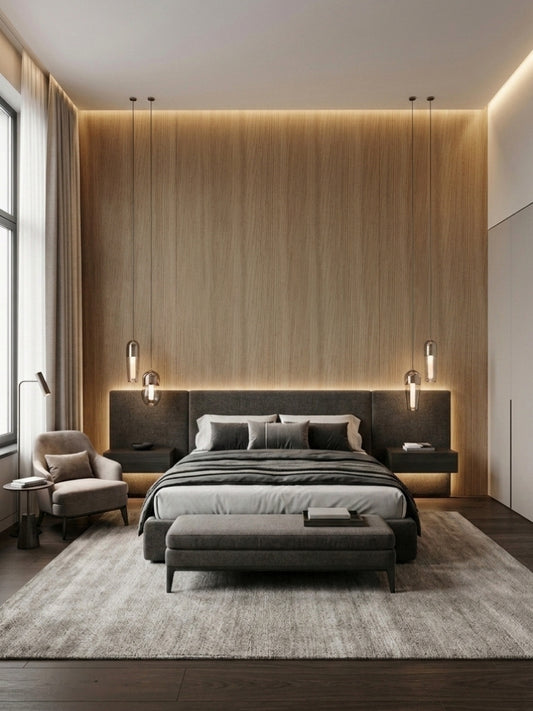 Royal Oak wood veneer panel with vertical grain installed as a warm bedroom feature wall behind the bed
