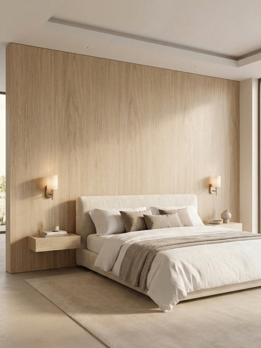 White oak veneer wall panels with vertical grain installed as a warm bedroom feature wall behind the bed