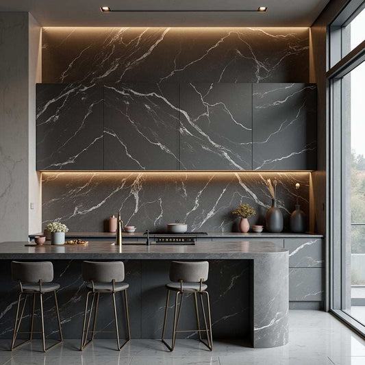 Dark Gray Marble PVC Panel
Modern kitchen featuring dark marble-look wall panels with white veining and luxury lighting