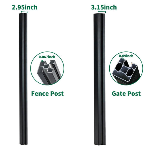 Black composite fence post and gate post comparison showing 2.95 inch and 3.15 inch profiles with reinforced core thickness