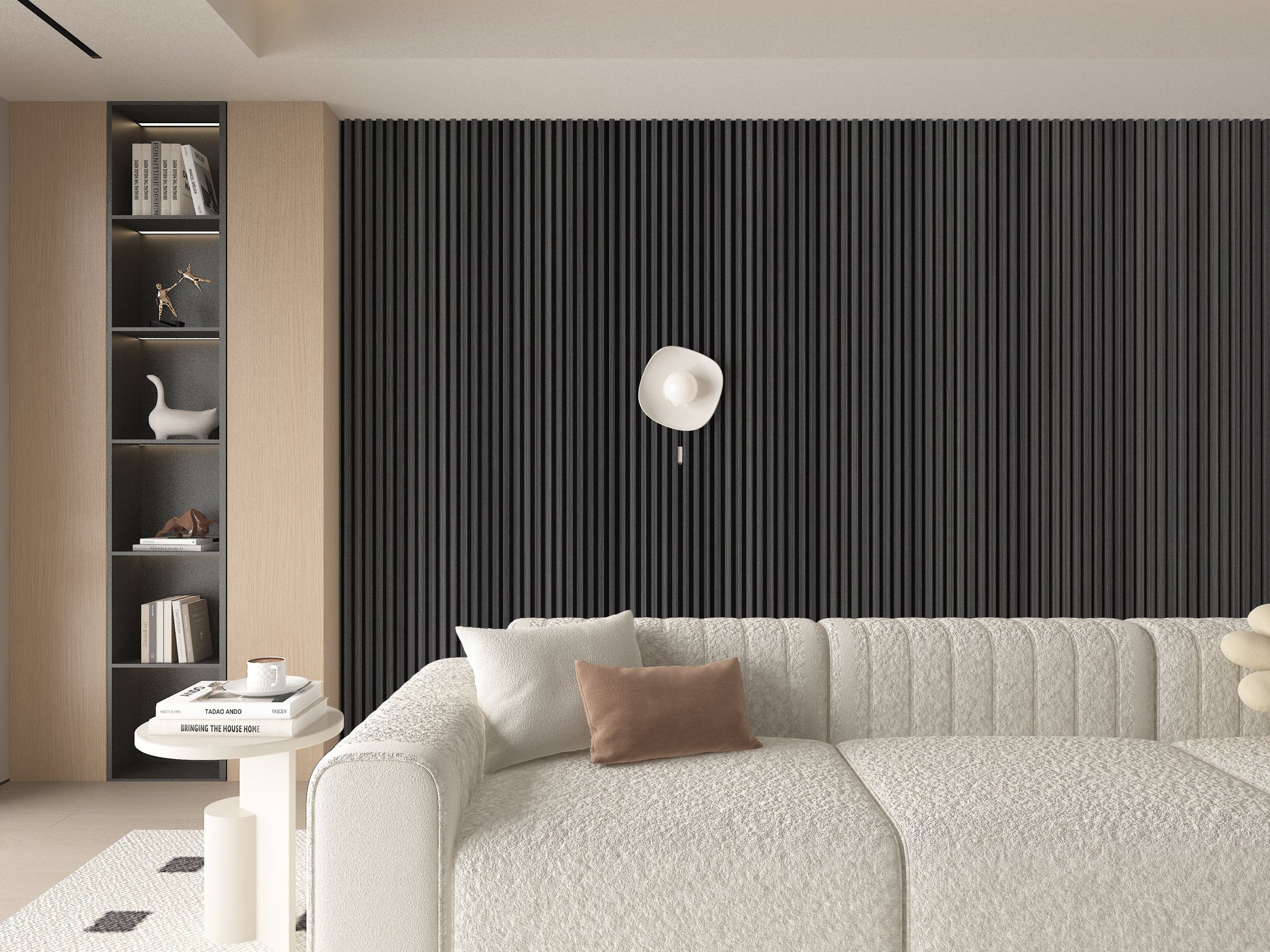 Carborn Gray WPC Fluted 3D Wall Panels. Wall Decor Center. Living Room Design With WPC Fluted Wall Panels