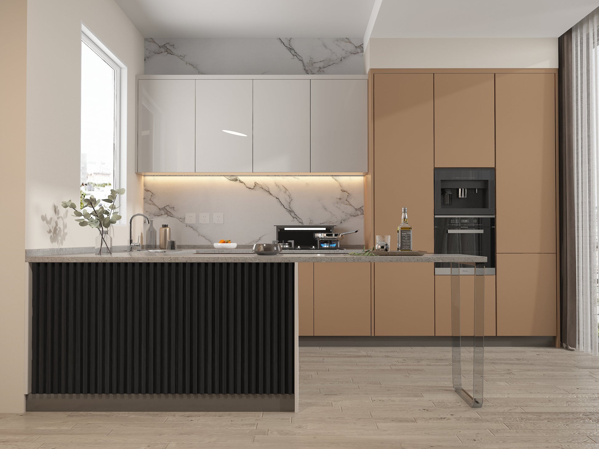 Ashen Oak WPC Fluted 3D Wall Panels. Wall Decor Center. Kitchen Design From WPC Fluted Wall Panels