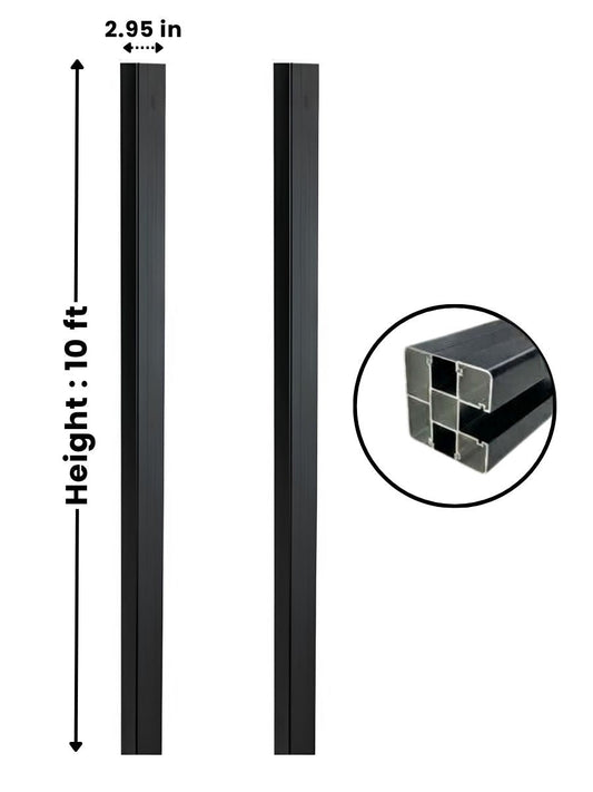 Black 10 ft in-ground fence post shown from two sides with 2.95-inch width and hollow cross-section detail