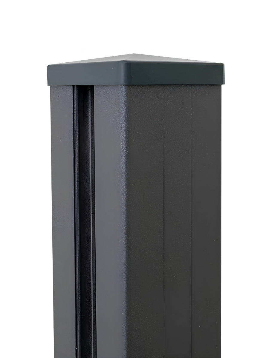 Close-up of the dark fence post top with fitted square cap
