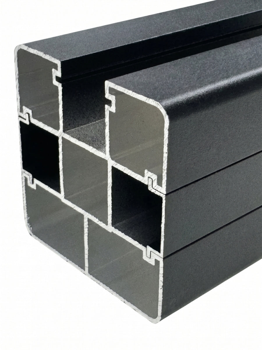 Cutaway detail showing the hollow multi-channel profile of the aluminum alloy fence post