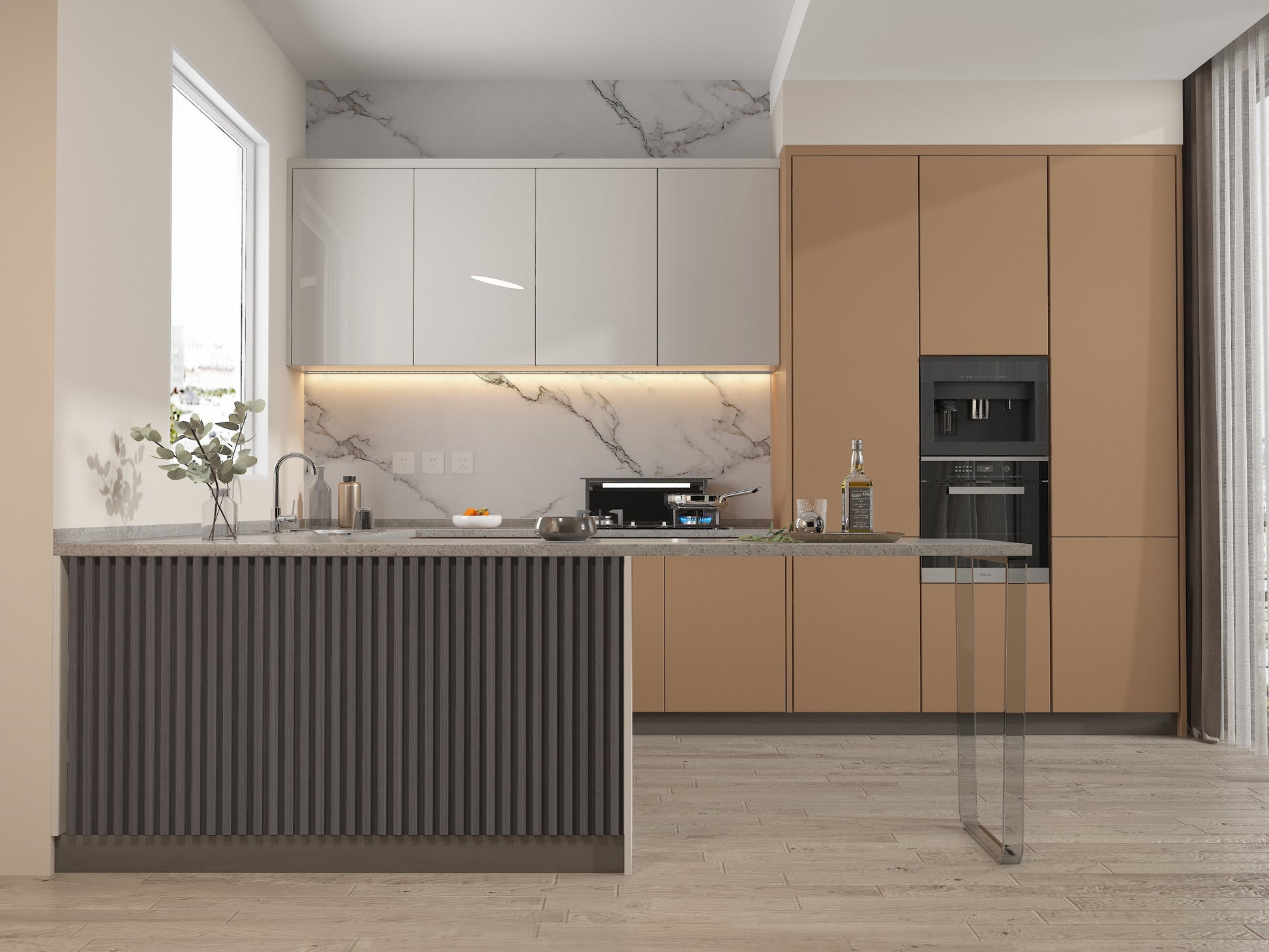 Oak Gray WPC Fluted 3D Wall Panels. Wall Decor Center. Kitchen Design From WPC Fluted Wall Panels