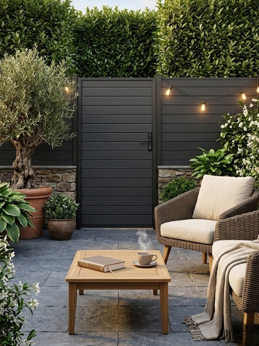 rust proof aluminum privacy gate black powder coated finish