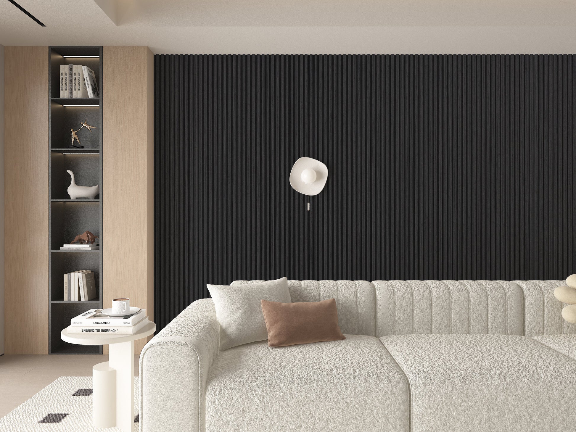 Black Timber WPC Fluted 3D Wall Panels. Wall Decor Center. Living Room Design With WPC Fluted Wall Panels
