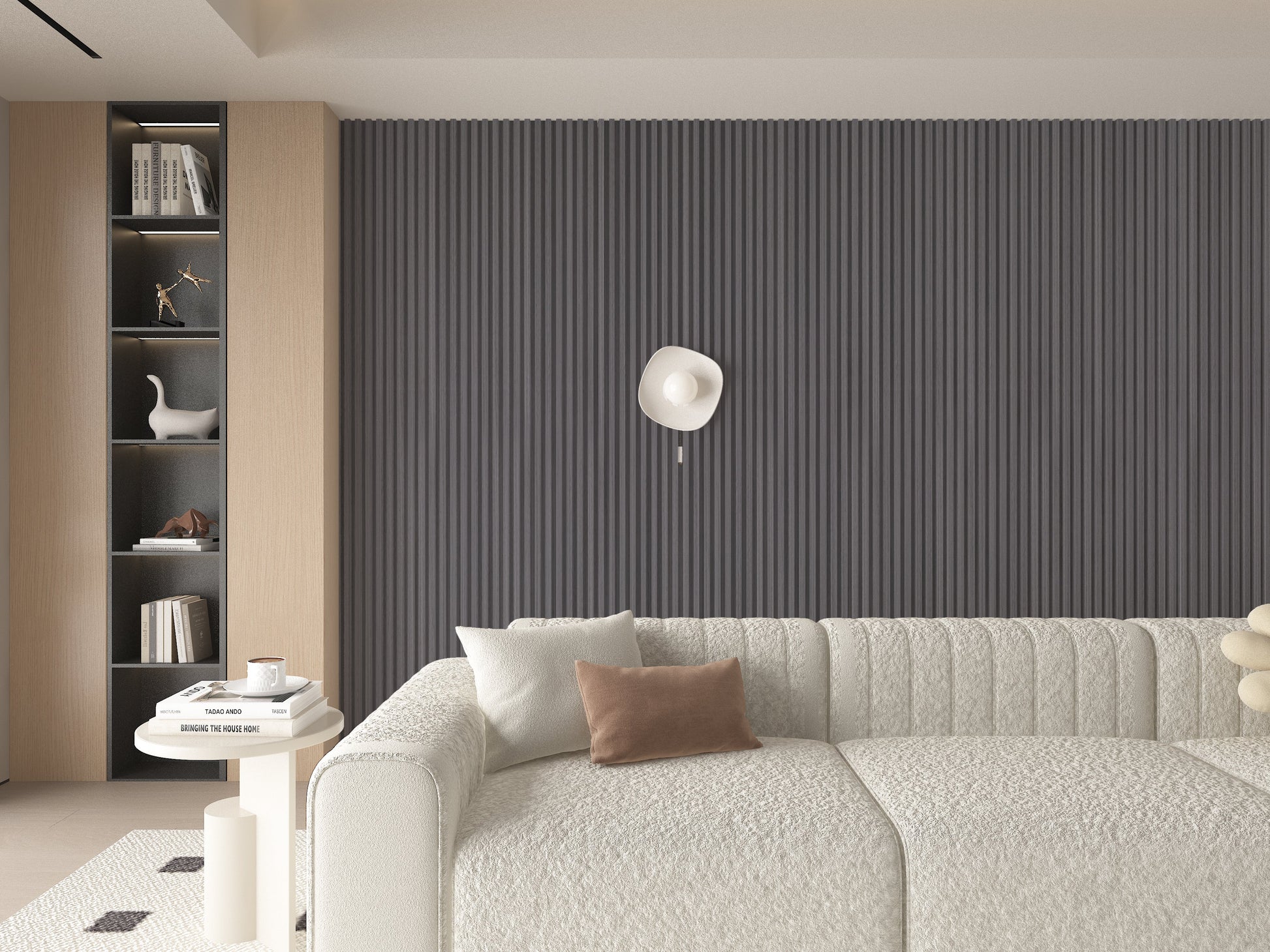 Oak Gray WPC Fluted 3D Wall Panels. Wall Decor Center. Living Room Design With WPC Fluted Wall Panels