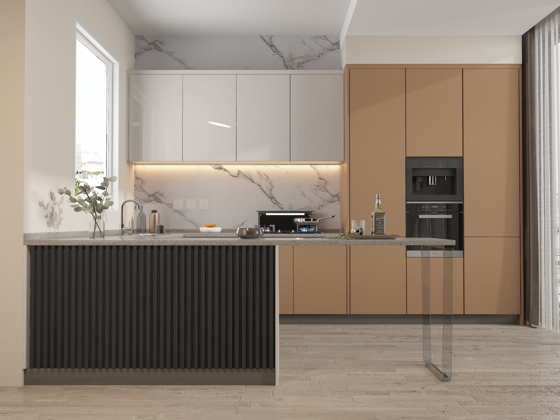 Black Timber WPC Fluted 3D Wall Panels. Wall Decor Center. Kitchen Design From WPC Fluted Wall Panels
