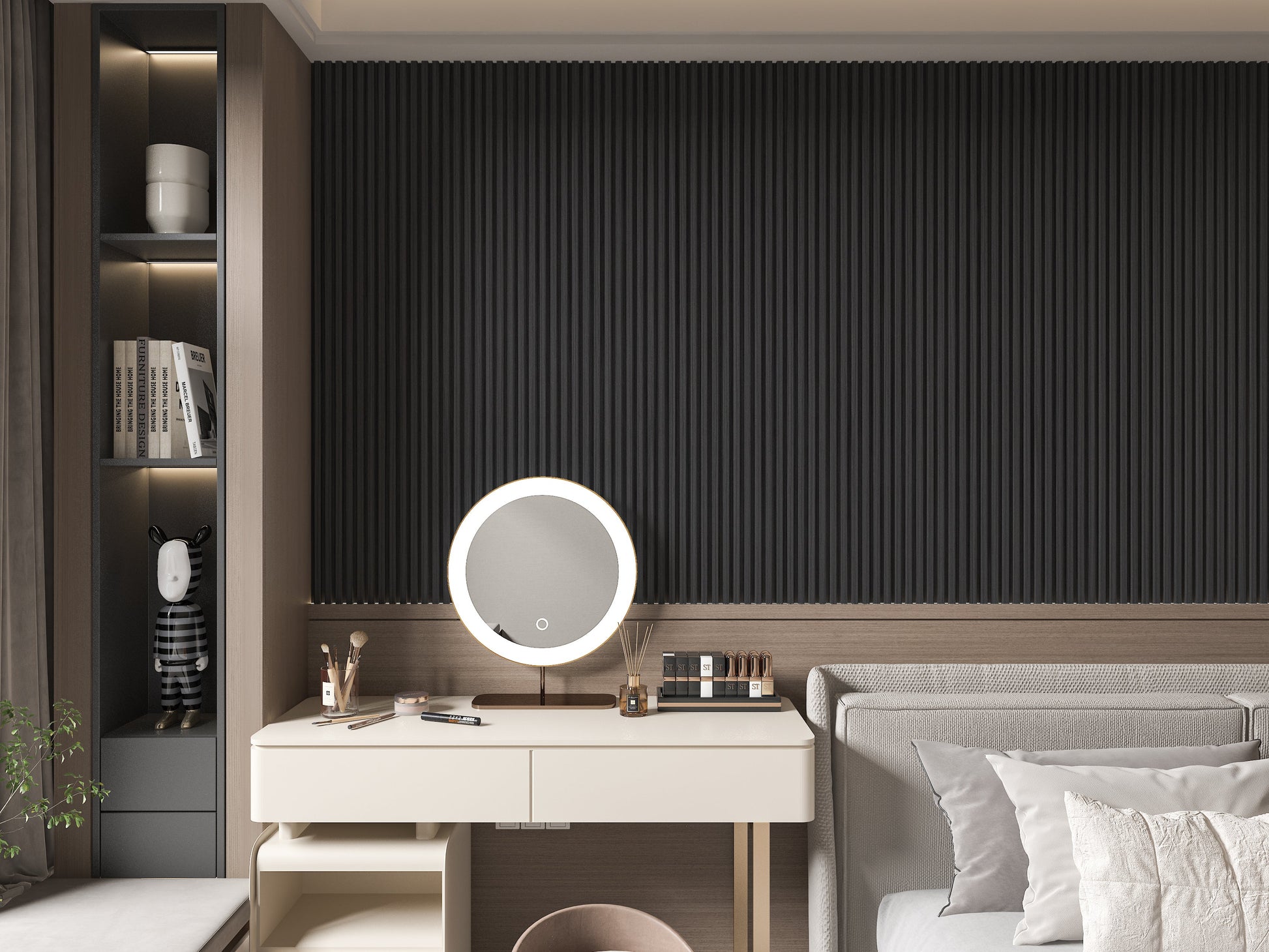 Black Timber WPC Fluted 3D Wall Panels. Wall Decor Center. Bedroom Wall Design