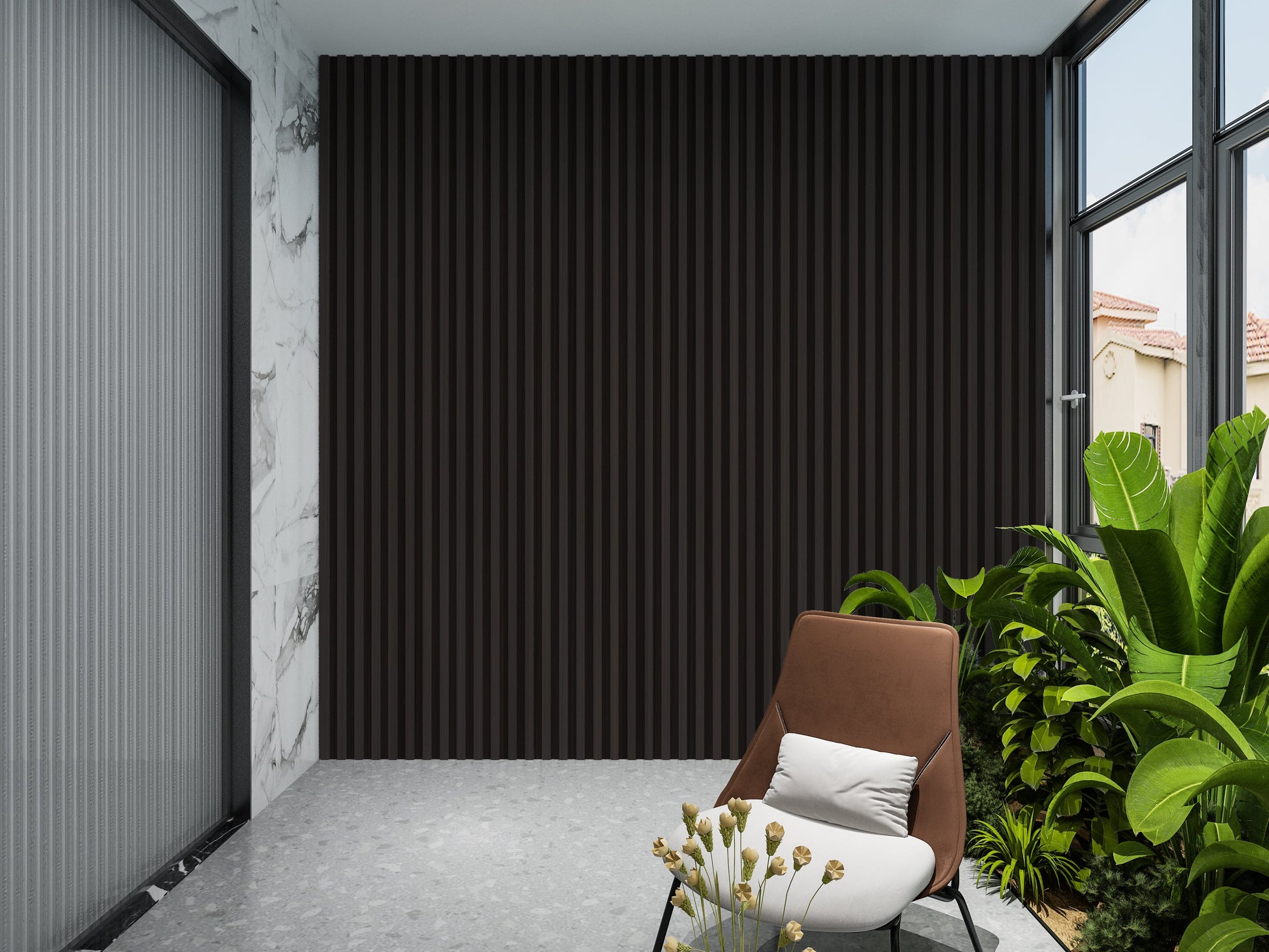 Walnut Ink WPC Fluted 3D Wall Panels. Wall Decor Center. Balcony Design With WPC Fluted Wall Panels
