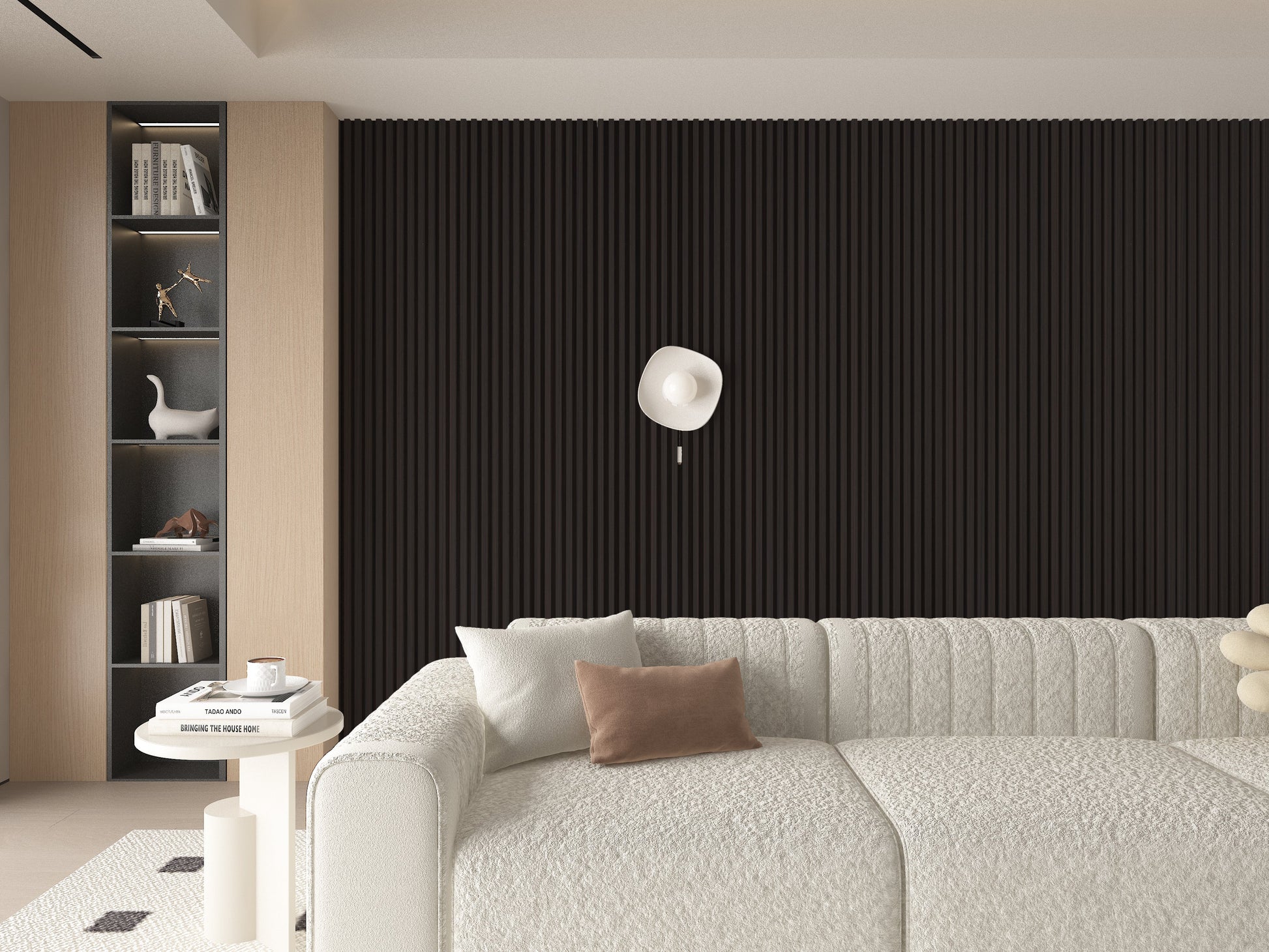 Walnut Ink WPC Fluted 3D Wall Panels. Wall Decor Center. Living Room Design With WPC Fluted Wall Panels
