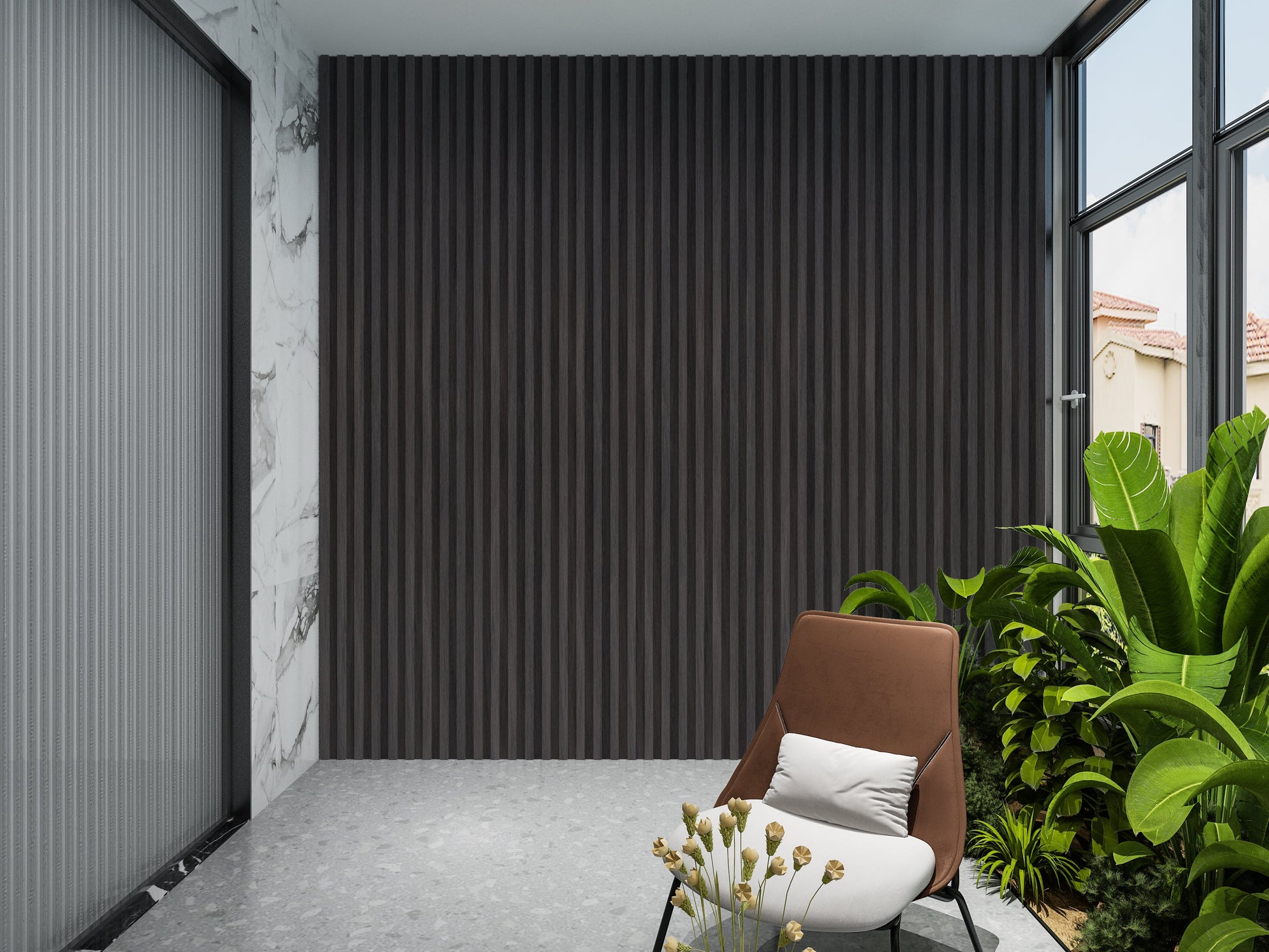 Dark Smoky Oak WPC Fluted 3D Wall Panels. Wall Decor Center. Balcony Design With WPC Fluted Wall Panels