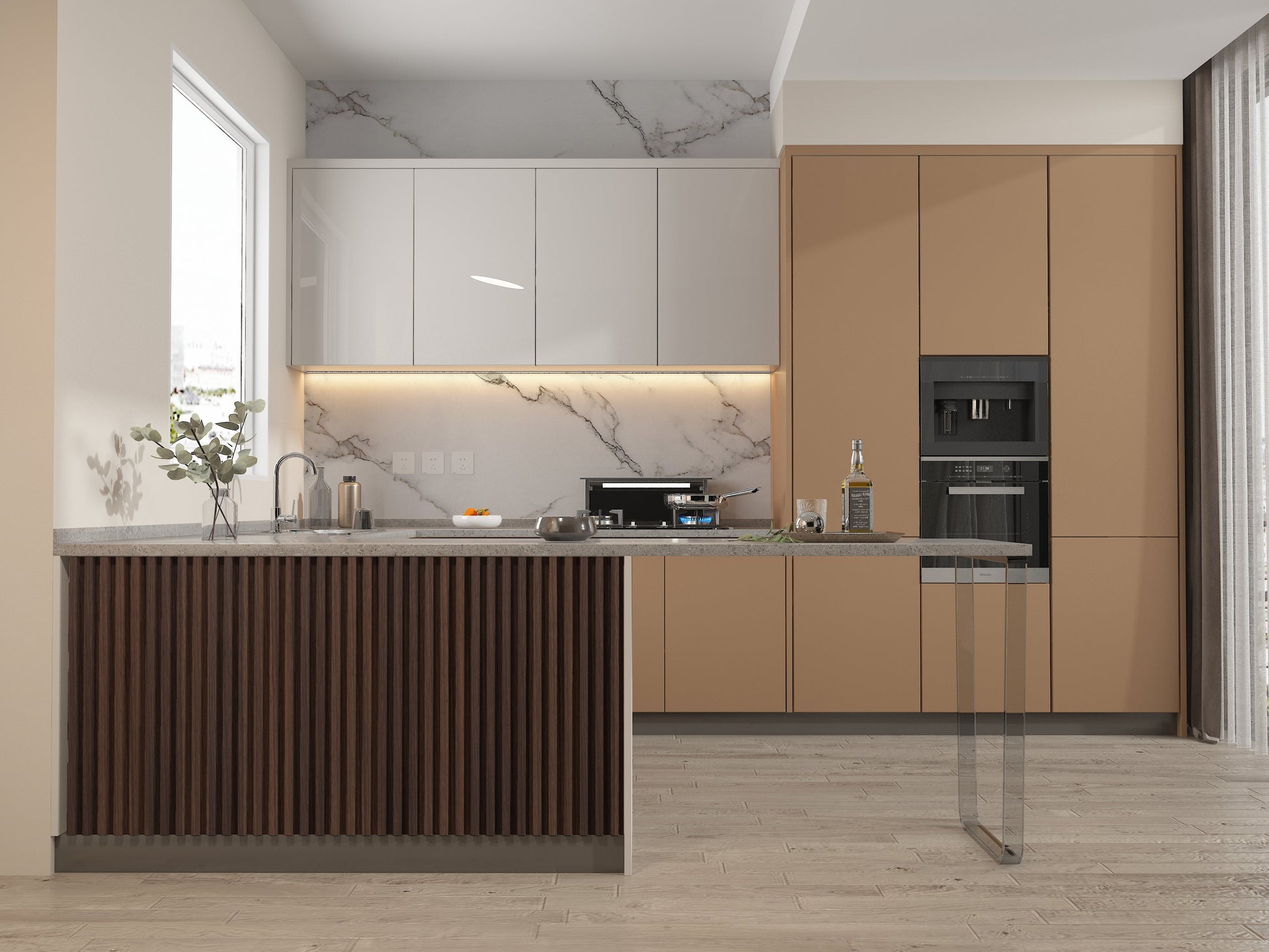 Dark Walnut WPC Fluted 3D Wall Panels. Wall Decor Center. Kitchen Design From WPC Fluted Wall Panels