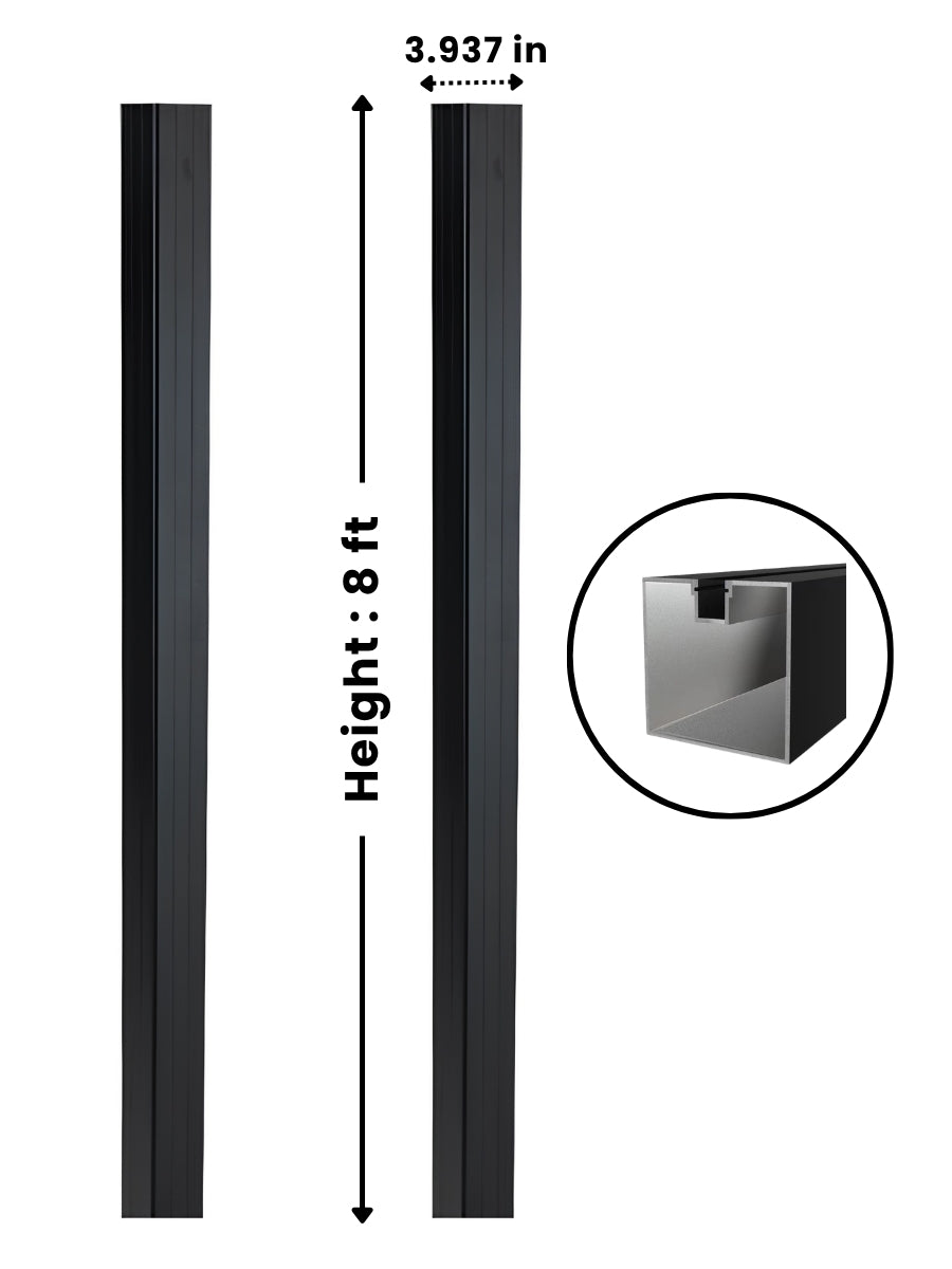 Black 4-inch 8-foot in-ground gate post shown full length with 3.937-inch width and profile cross-section