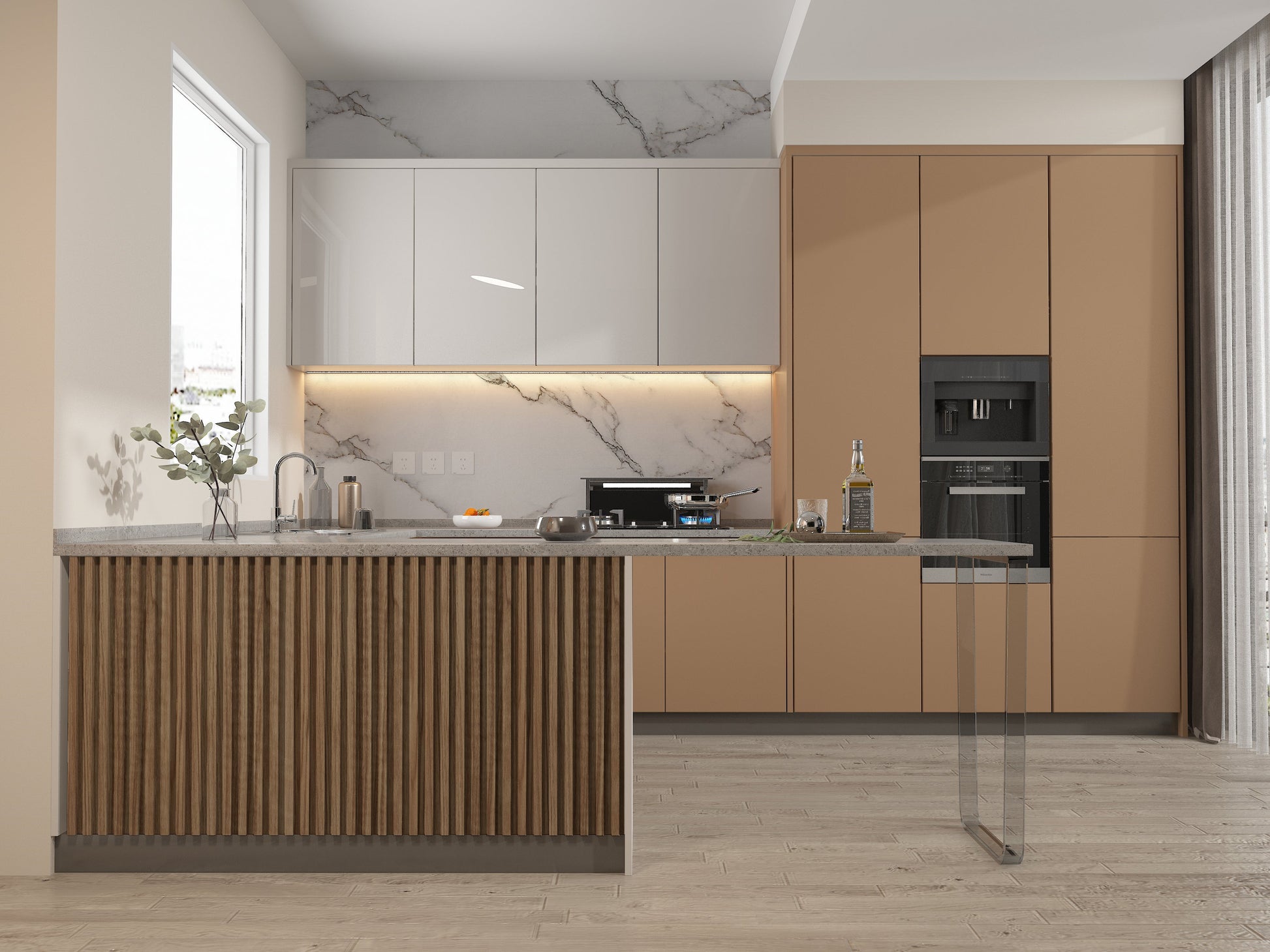Rustic Maple WPC Fluted 3D Wall Panels. Wall Decor Center. Kitchen Design From WPC Fluted Wall Panels