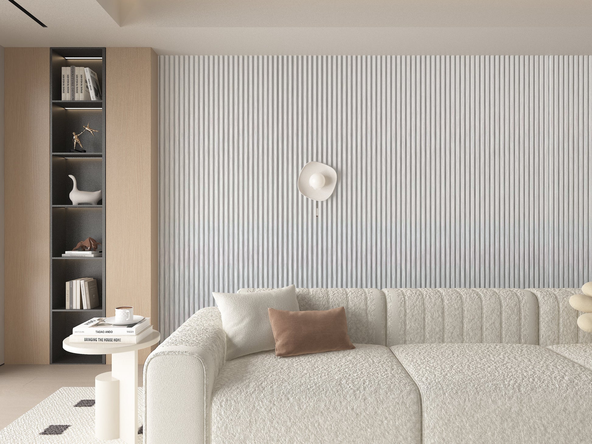White Brushed WPC Fluted 3D Wall Panels. Wall Decor Center. Living Room Design With WPC Fluted Wall Panels
