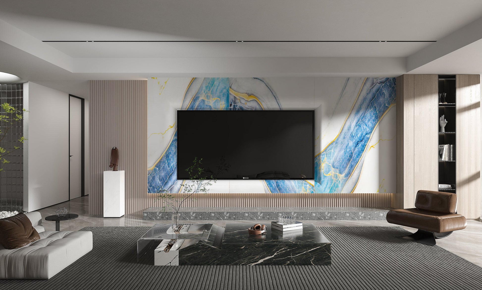 PVC 3D Marble Sheet Blue Drift. Wall Decor Center. Living Room  With PVC Marble Sheets Design
