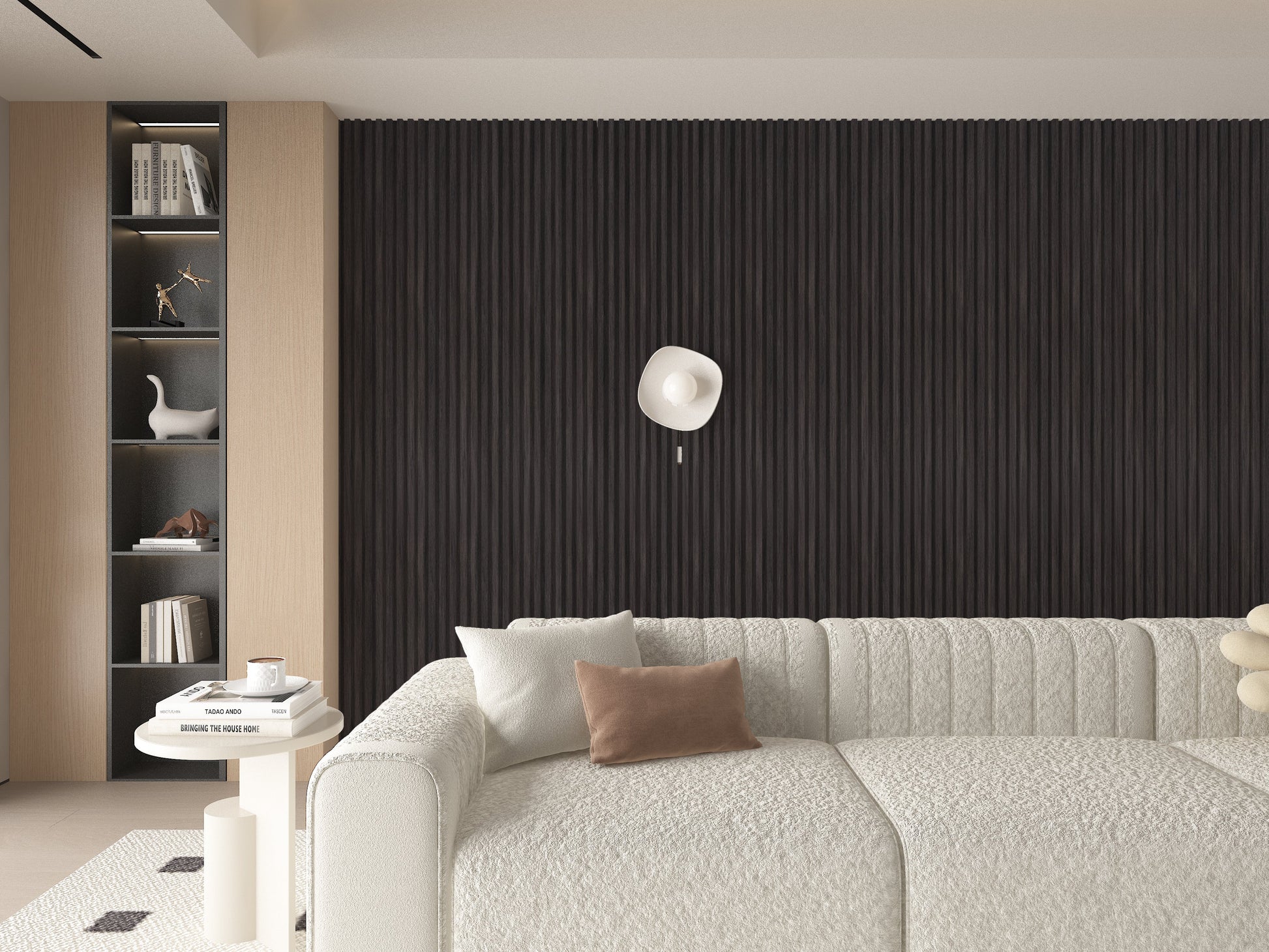 Dark Smoky Oak WPC Fluted 3D Wall Panels. Wall Decor Center. Living Room Design With WPC Fluted Wall Panels