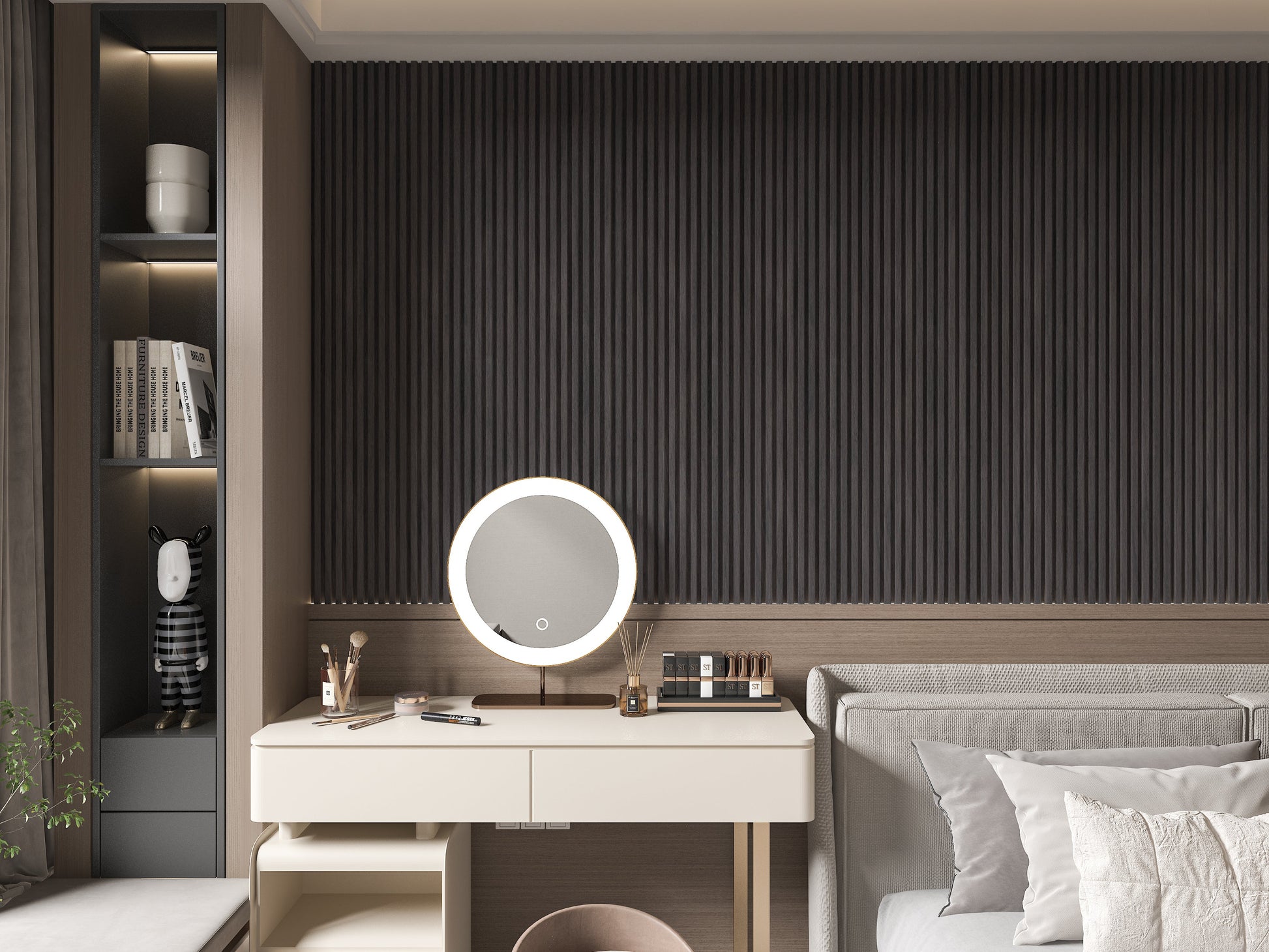 Dark Smoky Oak WPC Fluted 3D Wall Panels. Wall Decor Center. Bedroom Wall Design