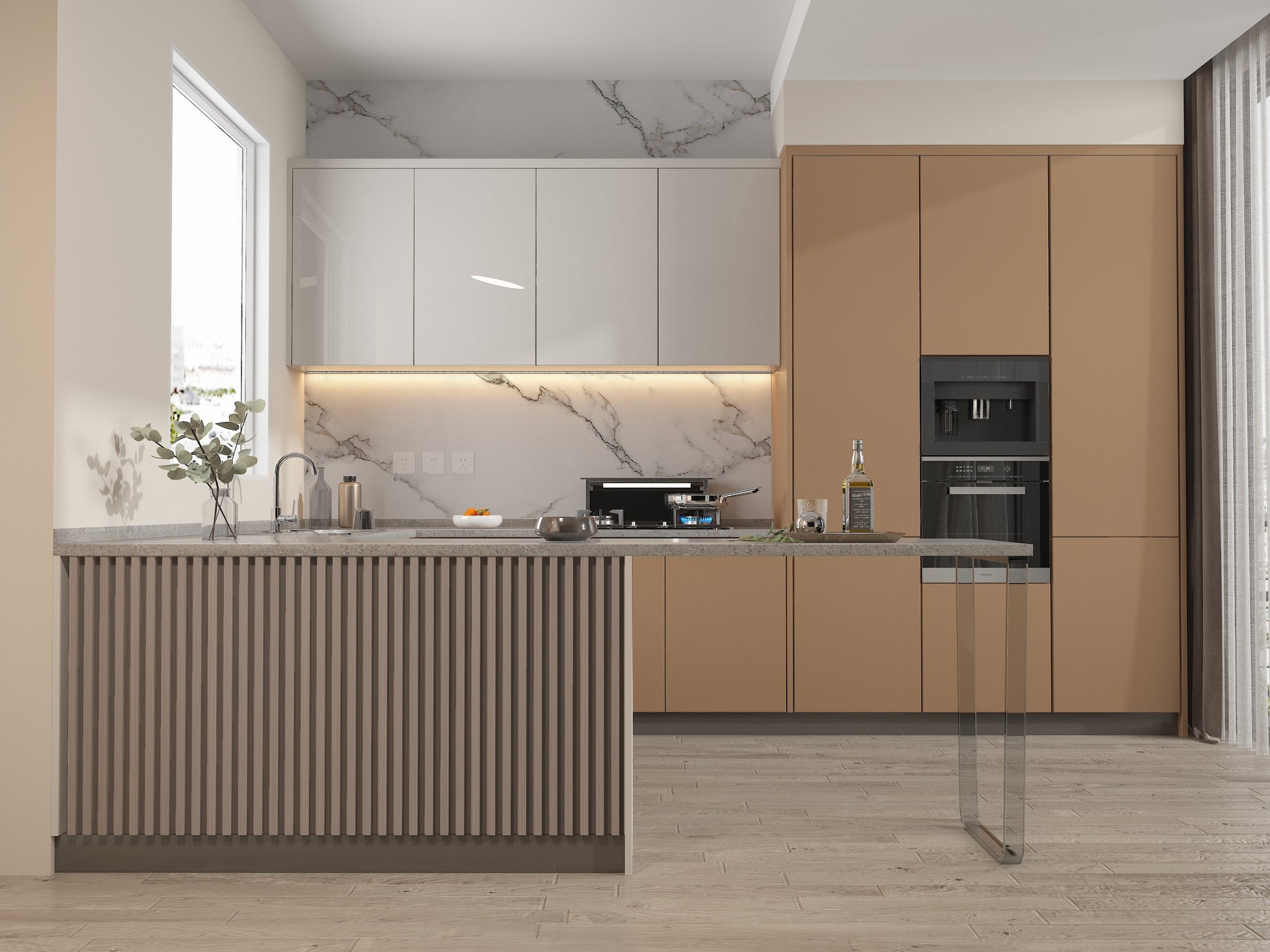 Cedar Oak WPC Fluted 3D Wall Panels. Wall Decor Center. Kitchen Design From WPC Fluted Wall Panels