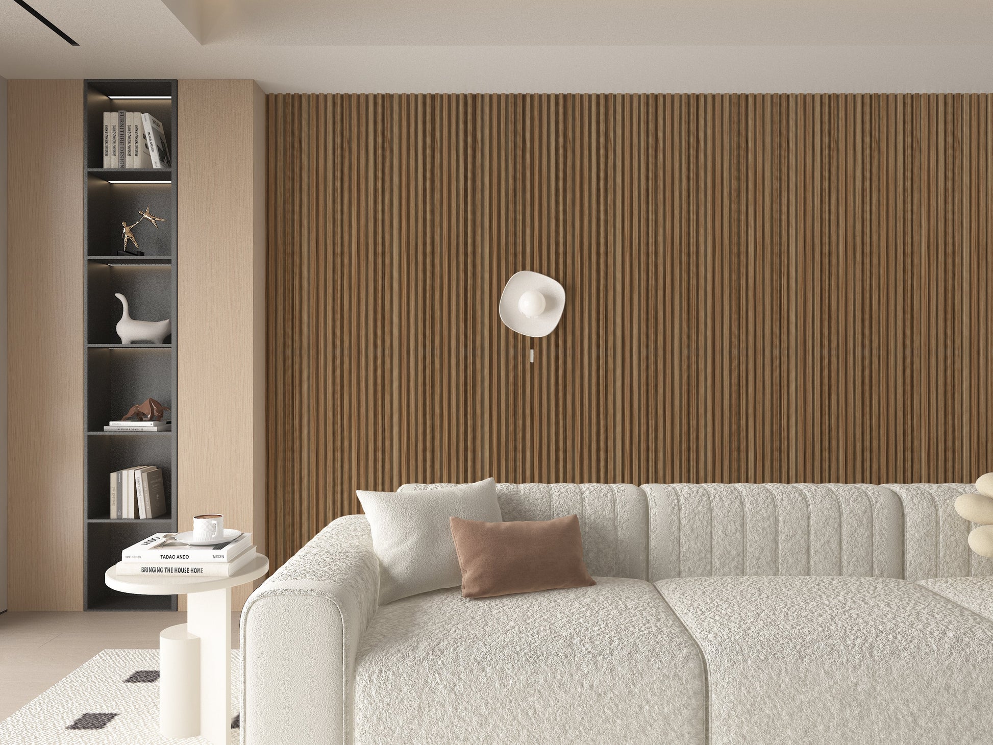 Rustic Maple WPC Fluted 3D Wall Panels. Wall Decor Center. Living Room Design With WPC Fluted Wall Panels