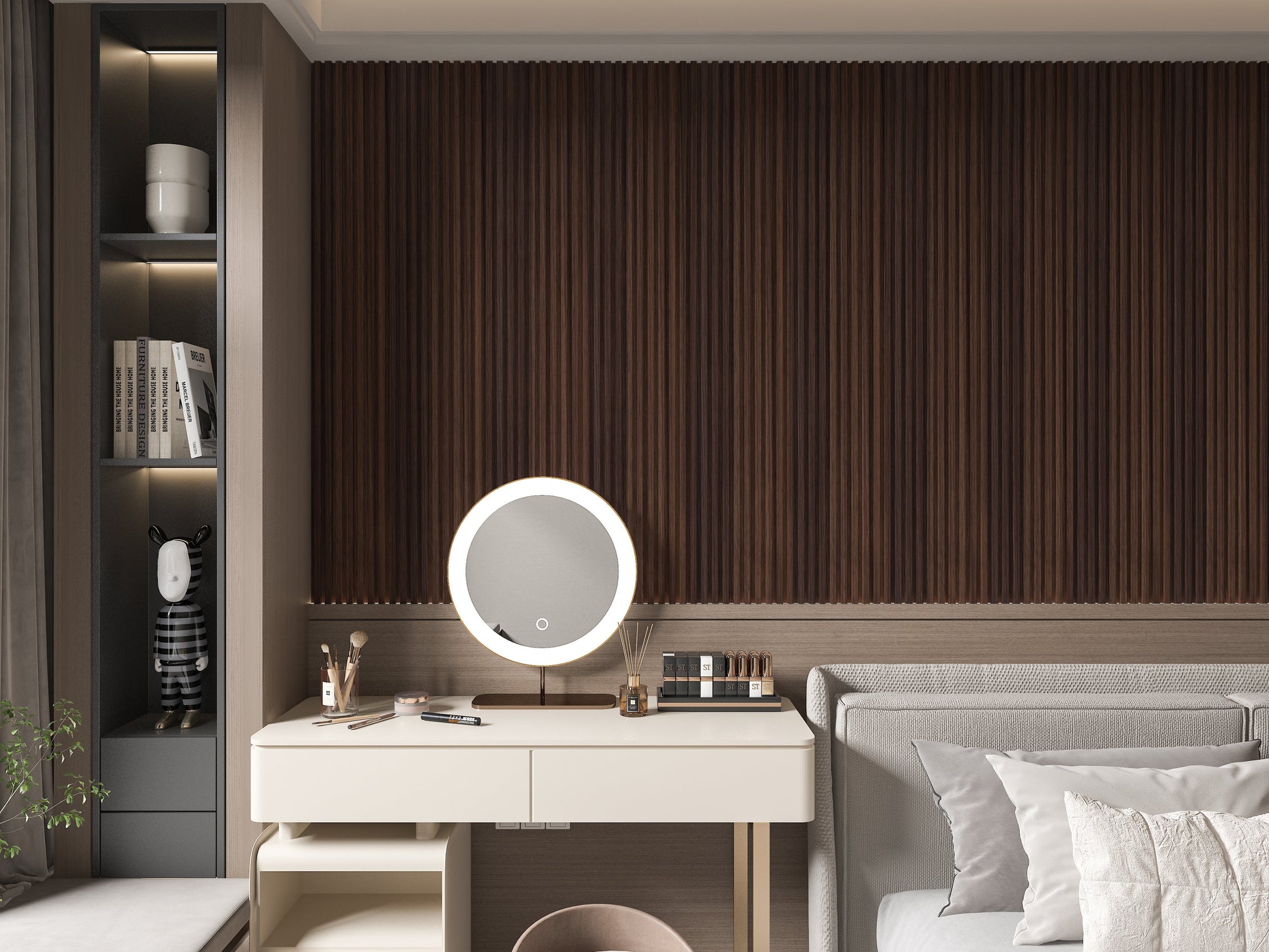 Dark Walnut WPC Fluted 3D Wall Panels. Wall Decor Center. Living Room Design With WPC Fluted Wall Panels
